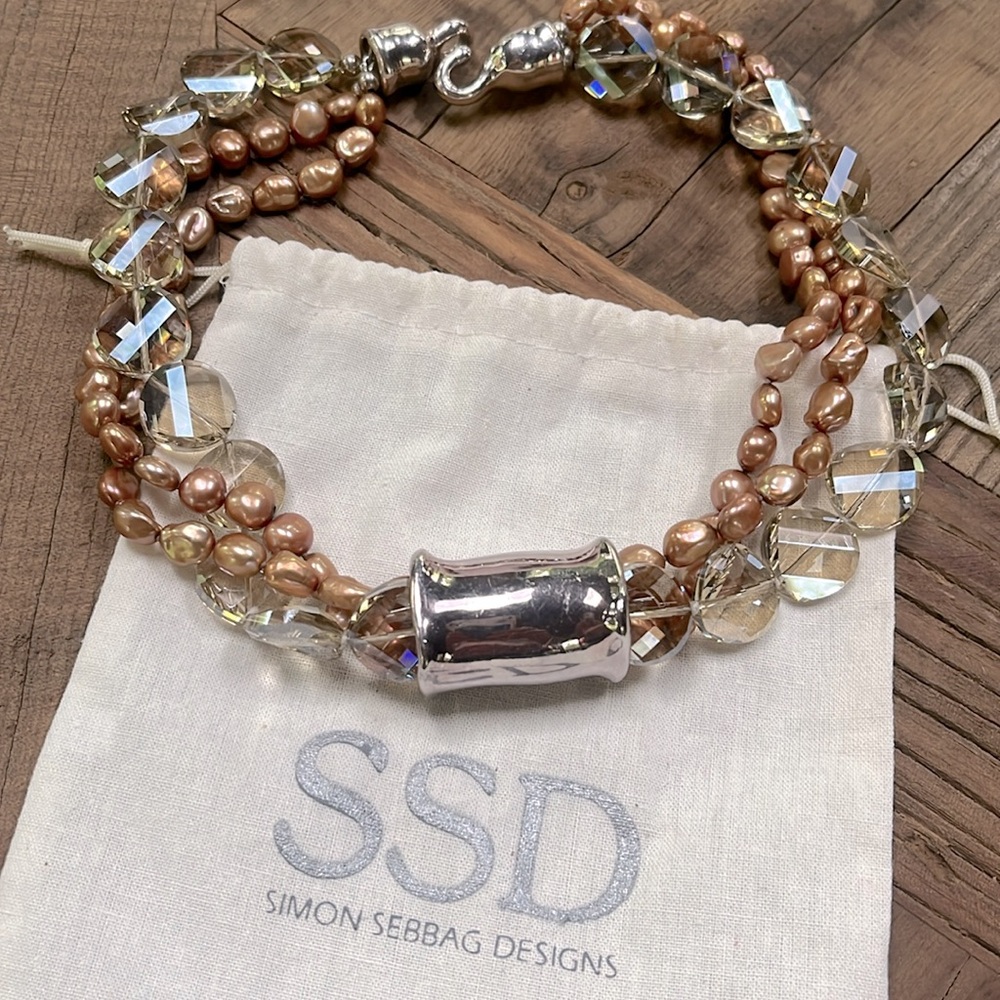 SIMON SEBBAG necklace 3 strand, golden pearls, sterling silver